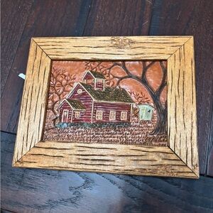 Rustic Leather tooled Wooden Framed Barn Art